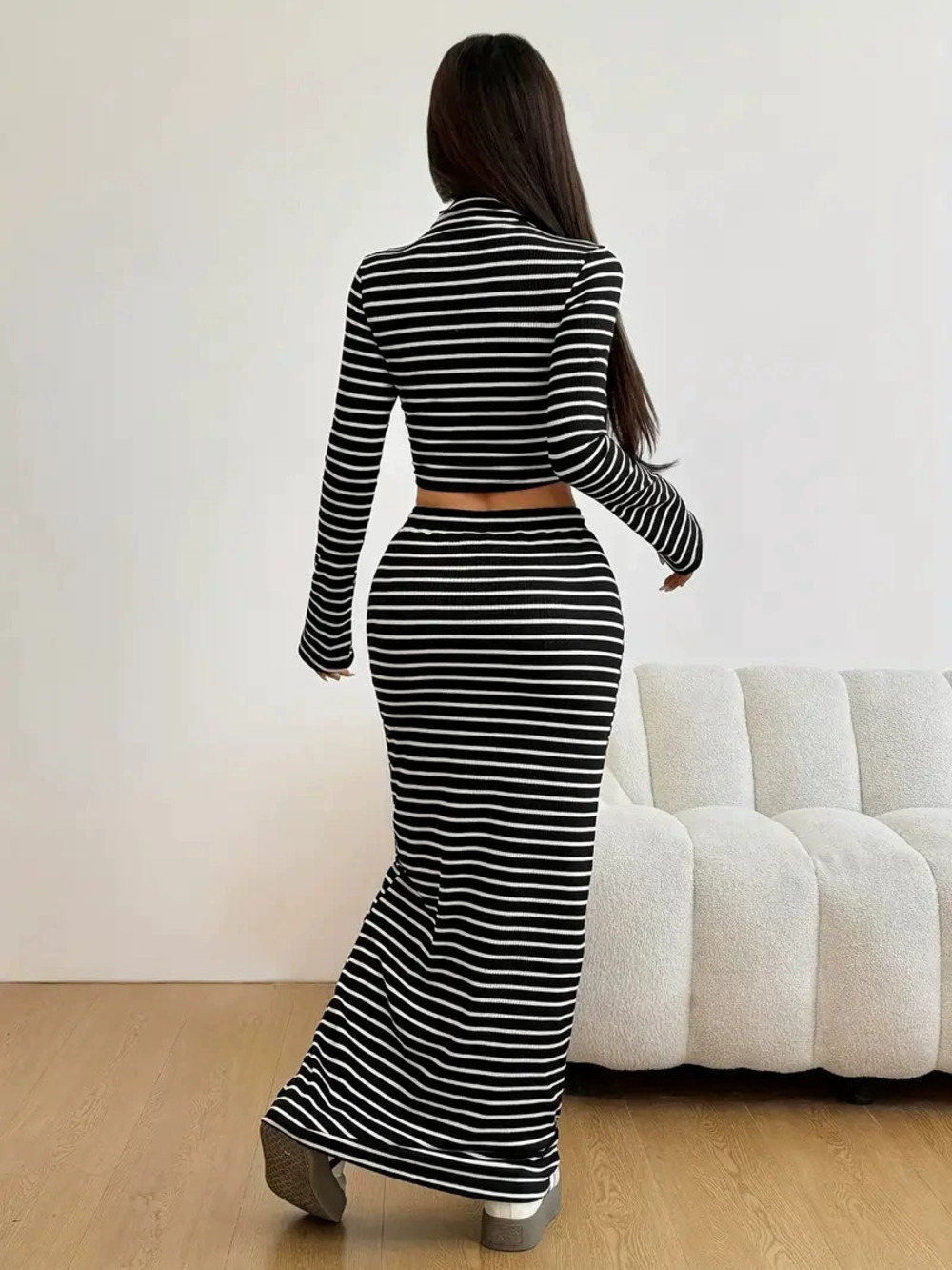 ZARA Solid Striped Set Mock Neck Long Sleeve Top Drawstring Waist Skirt - Picture 3 of 6
